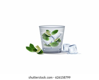 realistic illustration vector of a glass of cocktail with lemon, mint and ice. lemon mint cocktail design concept