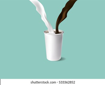 realistic illustration vector graphic design of splash flowing milk and coffee in a cup of espresso coffee on pastel color background
