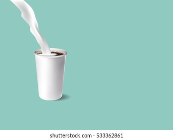 realistic illustration vector graphic design of splash flowing milk in a cup of espresso coffee on pastel color background