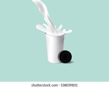 realistic illustration vector graphic design of cookies and creme with splash flowing milk in a cup of milk on pastel color background, cookies and milk concept
