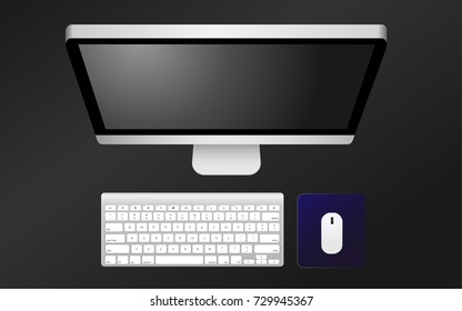 Realistic Illustration Vector Modern PC or Personal Computer with Wireless Keyboard and Wireless Mouse for design your creativity 