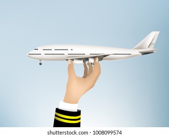 realistic illustration vector of pilot hand holding air plane in the sky,  jet commercial airplane on blue sky background, vector high detailed airplane, airline concept travel planes