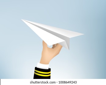 realistic illustration vector of pilot hand holding origami paper air plane in the sky, jet commercial airplane origami paper on blue sky background, airline concept travel planes