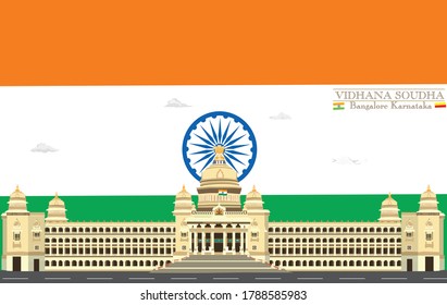 REALISTIC ILLUSTRATION OF VIDHANA SOUDHA BANGALORE KARNATAKA INDIA with india flag background
