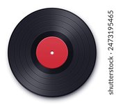 Realistic illustration of vintage vinyl record with red label and shadow isolated on white. Vector template. Music icon