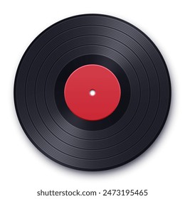 Realistic illustration of vintage vinyl record with red label and shadow isolated on white. Vector template. Music icon