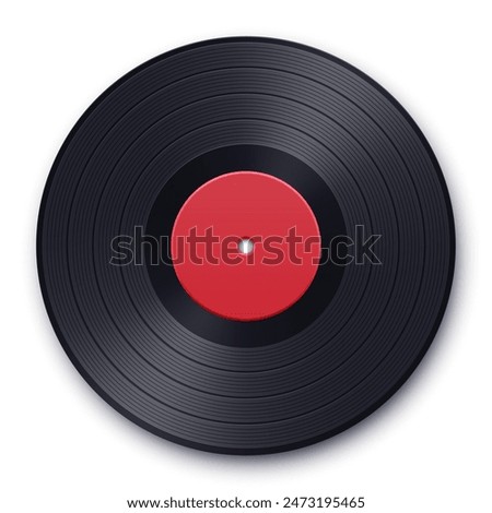 Realistic illustration of vintage vinyl record with red label and shadow isolated on white. Vector template. Music icon