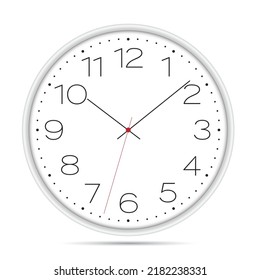 Realistic illustration of a wall clock with a light dial, numbers and a red second hand. Isolated on white background - vector