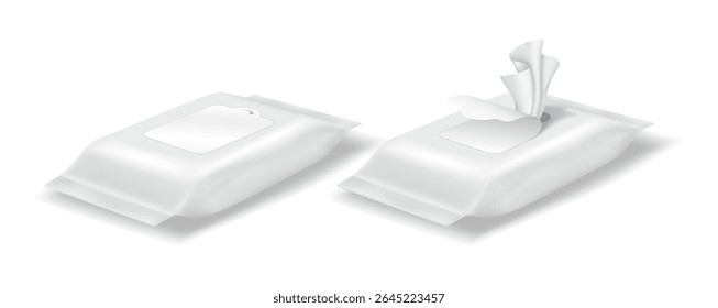 Ilustração realista de toalhetes molhados em um pacote. Aparência branca e limpa. Útil para anúncios de higiene e limpeza e apresentações de design de produtos.