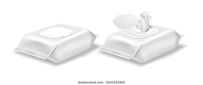 Ilustração realista da embalagem de toalhetes úmidos. Design simples e limpo em tons brancos. Representa higiene e comodidade, adequado para fins de marca ou publicidade.