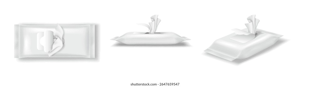 Realistic illustration of wet wipes packaging in white color. Displays unopened package from different angles. Ideal for hygiene and cleaning product presentations.