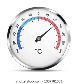 Realistic illustration of a white circular metal thermometer with reflections, gray hand and numbers. Isolated on white - vector