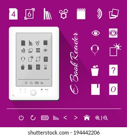 Realistic illustration of a white e-book reader with icons