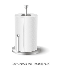 Realistic illustration of a white paper towel roll on a metallic holder. Minimalist design. Ideal for kitchen and cleaningrelated themes.