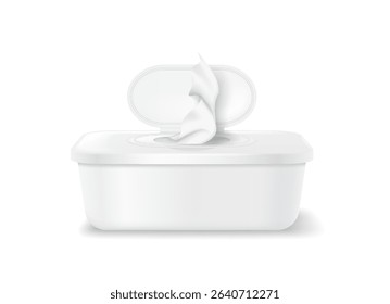 Realistic illustration of a white plastic container with an open lid showcasing soft tissues. Perfect for hygiene, healthcare, and cleanliness themes.