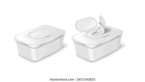 Realistic illustration of white plastic containers for wipes. One open with tissues. Minimalist design. Suitable for hygiene product packaging presentation.