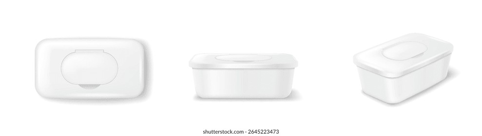 Ilustração realista de caixas de limpeza molhadas de plástico branco em diferentes ângulos. Esses recipientes são ideais para apresentar projetos de embalagens. Isolado em um fundo branco.