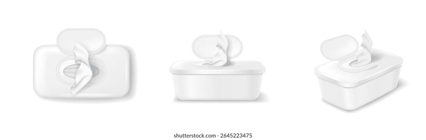 Realistic illustration of a white plastic wipe container with open lid. Tissue pops out gracefully. Clean design enhances the simplicity of hygiene products.