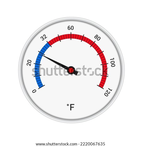 Realistic illustration of a white round thermometer in a circular shape with a fahrenheit scale, an arrow and numbers - vector