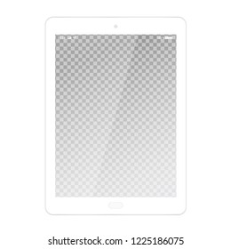 Realistic Illustration Of White Tablet With Transparent Touch Screen With Battery, Wifi And Cellular Network Symbols, With Glare, Isolated On White Background - Vector