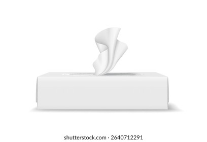 Realistic illustration of a white tissue box with a single tissue emerging. Minimalist design in neutral colors, perfect for hygiene or healthrelated themes.