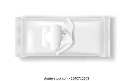 Realistic illustration of white wet wipe packaging with an open lid. Clean and simple design. Perfect for hygiene and personal care products. White background enhances the minimalist style.