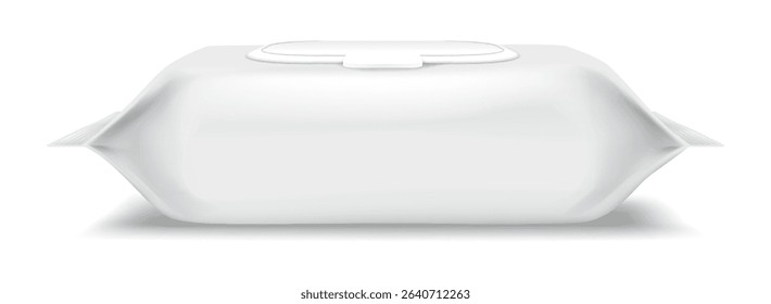 Realistic illustration of white wet wipes packaging with a plastic lid. Minimalistic design. Useful for product mockups. Isolated on a plain white background.