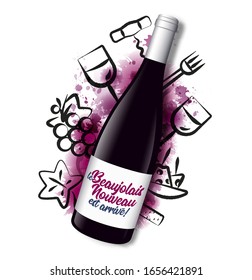 Realistic illustration of a wine bottle with the text in French "le Beaujolais Nouveau est arrivé!", the new Beaujolais has arrived!. In the background are wine stains and wine symbols. vector