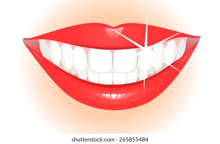 Realistic illustration of woman smiling mouth with healthy teeth.