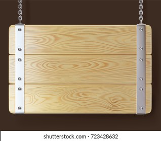 realistic illustration of a wooden signboard hanging on chains attached by steel strip and screw by the steel rivets, isolated on dark brown background.