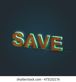Realistic illustration of a word made by wood and glowing glass, vector
