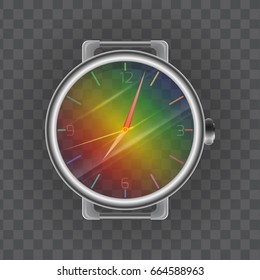 Realistic illustration of a wristwatch. Rainbow transparent clock face. Vector element for your design
