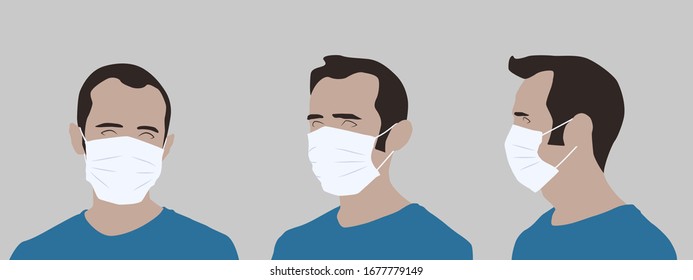 Realistic illustration of a young man wearing a medical mask, side and front view