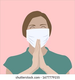 Realistic illustration of a young woman praying for cure, wearing a medical mask