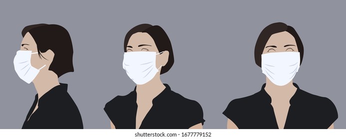 Realistic illustration of a young woman wearing a medical mask, side and front view