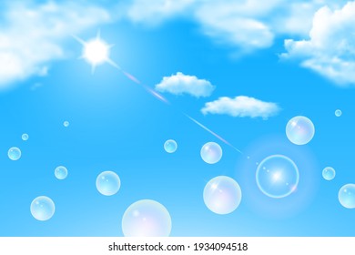 Realistic illustrations of blue sky, white clouds, sun and soap bubbles. Realistic vector background.