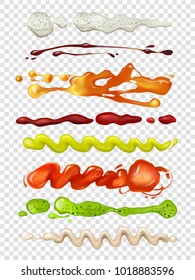 Realistic illustrations of diffrent sauces for food. Wasabi, mayonnaise and ketchup. Sauce ketchup and wasabi, mayonnaise and tomato ingredient vector