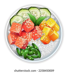 Realistic illustrations with Poke bowl with salmon, mango, cucumber, and beans. Hawaiian restaurant menu design. Top view