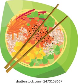 Realistic illustrations with poke bowl with salmon, rice and seeds. Poke restaurant menu design. Top view.