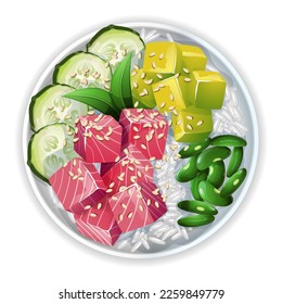 Realistic illustrations with Poke bowl with tuna, mango, cucumber, and beans. Hawaiian restaurant menu design. Top view