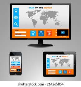 Realistic illustrations of tablet, smartphone and a computer monitor, all displaying the same website showing a worlds map with plenty of universal icons