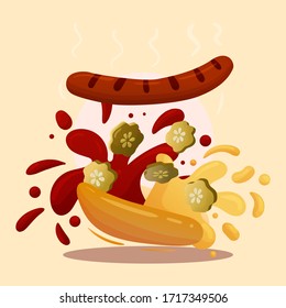 Realistic image of american hot dog sandwich with lettuce and mustard. Cartoon design element for a fast food restaurant and menu card. Poster template.