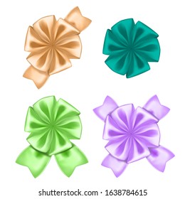 Realistic image of bows. Set of four different bows on a white background. Vector pattern of decoration for design.