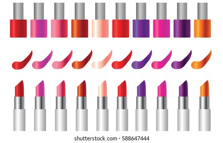 Realistic image color palette of lipstick and nail polish arranged in a line on a white background, vector image