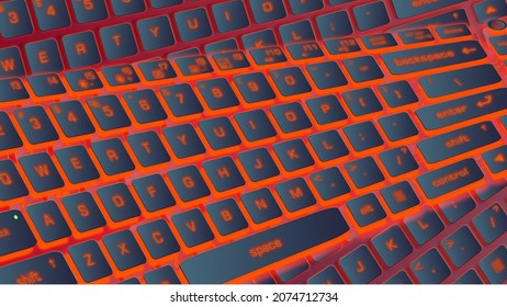 Realistic image of a computer or laptop keyboard. Background image in dark metallic navy blue. Glowing buttons with perspective style.