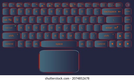 Imagen realista de un teclado de ordenador o portátil. Imagen de fondo en azul marino metálico oscuro. Botones brillantes.