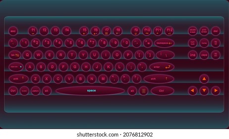 Realistic image of a computer or laptop keyboard. Background image in dark red maroon color. Glowing circle buttons.