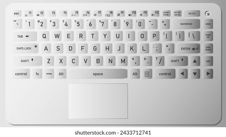Realistic image of a computer or laptop keyboard. Background image in white metallic.