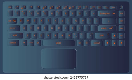 Realistic image of a computer or laptop keyboard. Background image in dark metallic navy blue. Glowing buttons.