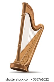 Realistic image of the concert harp isolated on white background. National Irish string musical instrument icon sign. Editable vector illustration